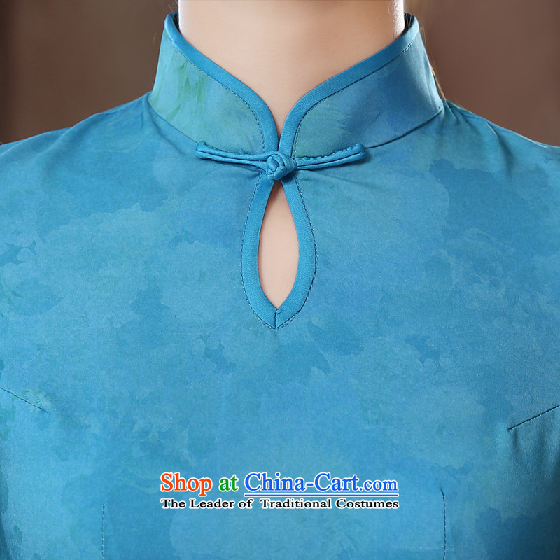 Morning new qipao Land summer retro long improved stylish herbs extract silk Chinese cheongsam dress Nga Yun blue , L, morning land has been pressed shopping on the Internet