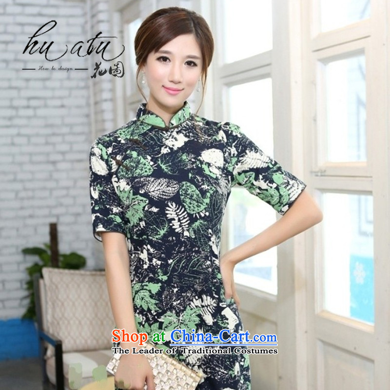 It during the spring and autumn female cotton linen collar in the flowers and leaves the cuff and knee in manual long cheongsam dress in the Mood for Love collar 2XL, floral shopping on the Internet has been pressed.