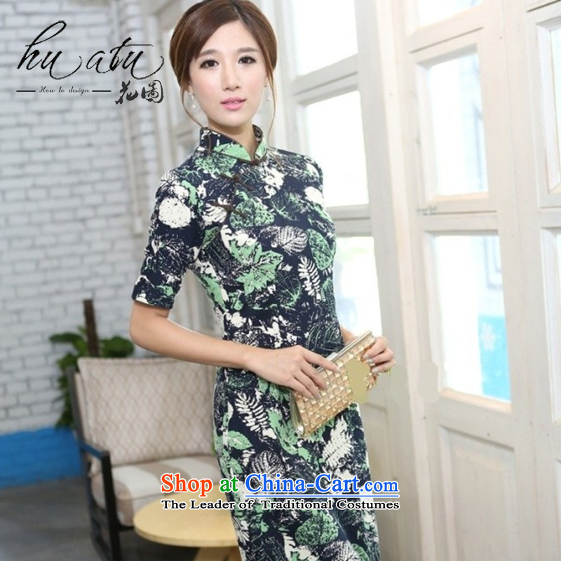 It during the spring and autumn female cotton linen collar in the flowers and leaves the cuff and knee in manual long cheongsam dress in the Mood for Love collar 2XL, floral shopping on the Internet has been pressed.