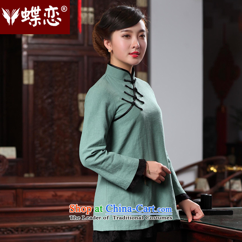The Butterfly Lovers autumn 2015 new for women improved stylish shirt qipao cotton linen Sau San Tong replacing 48025 T-shirt, Cyan XL, Butterfly Lovers , , , shopping on the Internet