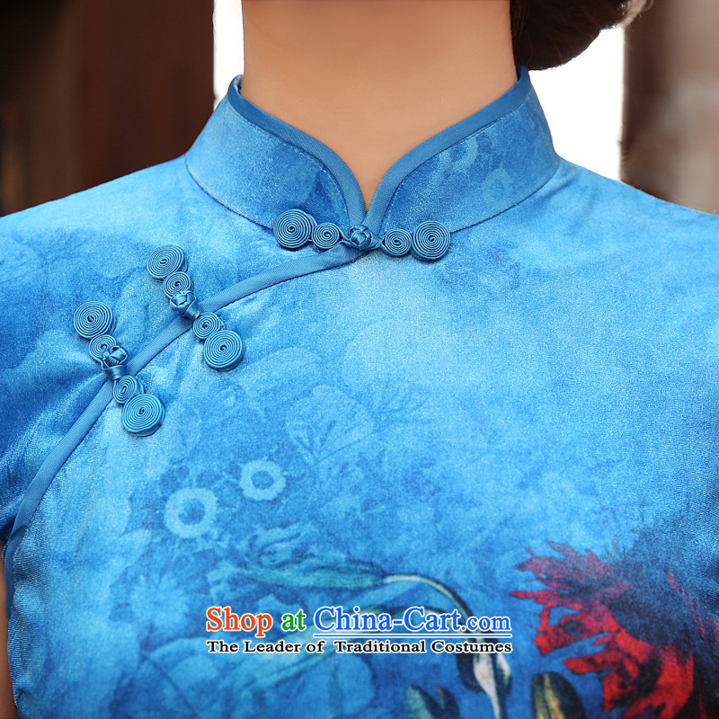 Morning spring and autumn 2014 new land Stylish retro short-sleeved short improvement) scouring pads in the reusable cuffs cheongsam dress even two-color blue 155/S, morning land has been pressed shopping on the Internet