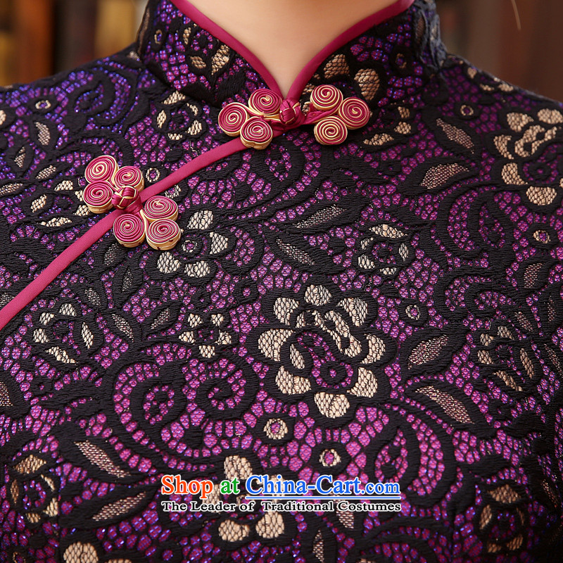 Morning spring and autumn 2015 new land Stylish retro short of improvement in the lace cuff cheongsam dress MOM pack purple M morning land has been pressed shopping on the Internet