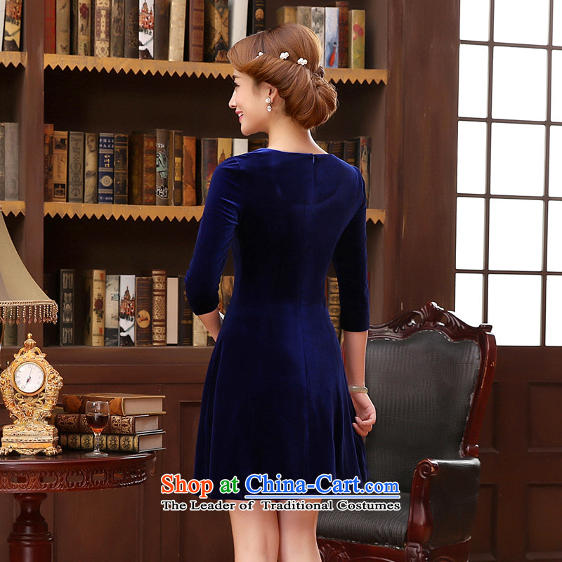 The 2014 autumn morning land new Stylish retro short, long-sleeved improved velvet curtains of dresses blue blue XL, morning land has been pressed shopping on the Internet