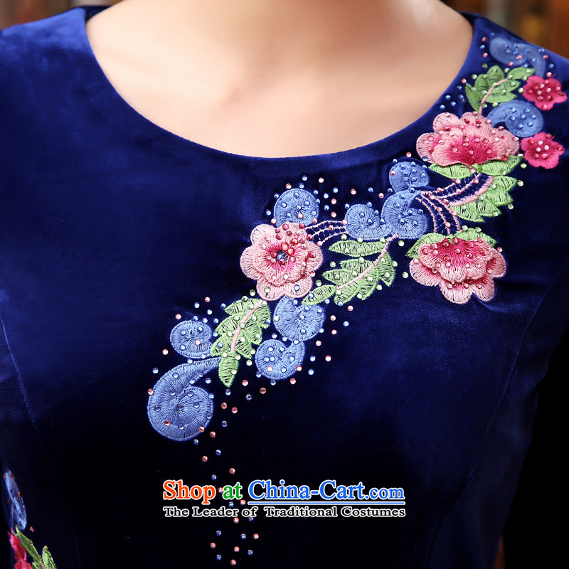 The 2014 autumn morning land new Stylish retro short, long-sleeved improved velvet curtains of dresses blue blue XL, morning land has been pressed shopping on the Internet