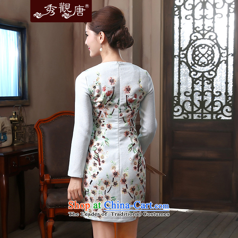 [Sau Kwun Tong] Chi-mei long-sleeved round-neck collar improved Stylish spring 2015 qipao put embroidered dress QZ4801 Sky Blue , L, Sau Kwun Tong shopping on the Internet has been pressed.