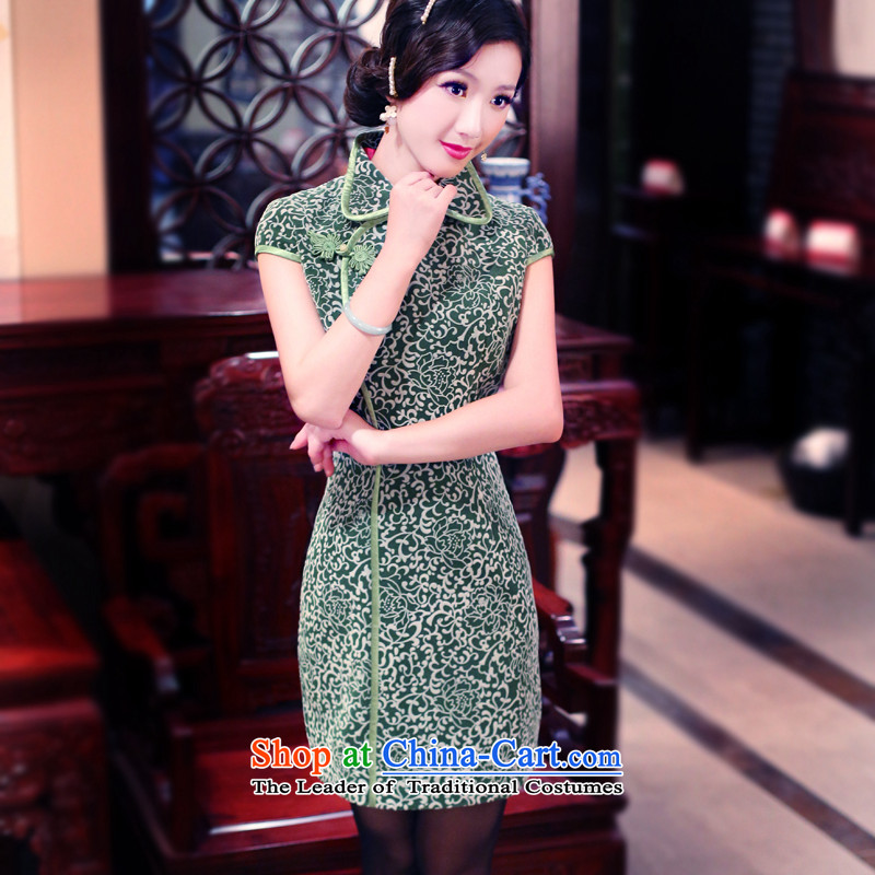 After the fall of 2014, the wind load improved new Stylish retro national republic of korea wind Sau San short cheongsam dress 3085 3085 green after the wind has been pressed, online shopping