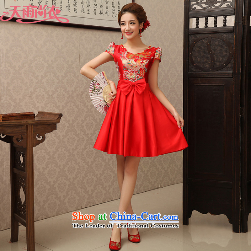 Rain in?spring 2015, Yi Sang-Bride Top Loin of qipao short-sleeved red slotted round-neck collar improved stylish shoulder dress uniform QP499 marriage bows red?S