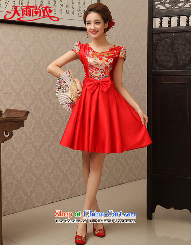 Rain in spring 2015, Yi Sang-Bride Top Loin of qipao short-sleeved red slotted round-neck collar improved stylish shoulder dress uniform QP499 marriage bows red S, rain is yi , , , shopping on the Internet