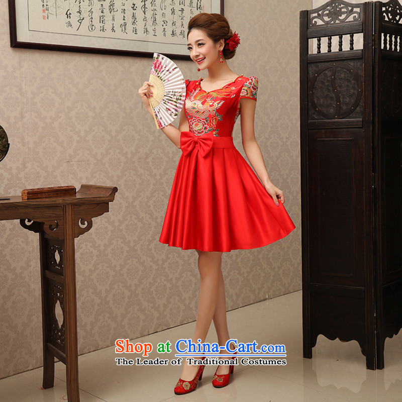 Rain in spring 2015, Yi Sang-Bride Top Loin of qipao short-sleeved red slotted round-neck collar improved stylish shoulder dress uniform QP499 marriage bows red S, rain is yi , , , shopping on the Internet