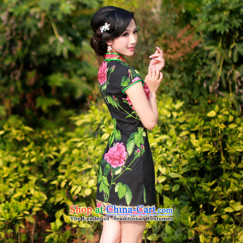 After a new wind 2015 improved cheongsam dress stylish early summer stamp cotton daily cheongsam dress 4,326 4,326 Black , L, recreation wind shopping on the Internet has been pressed.
