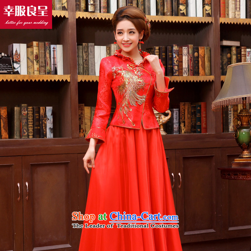 The privilege of serving-leung 2015 new red autumn and winter bride replacing wedding dress Chinese-style qipao bows serving a nine-sleeve length dress?M