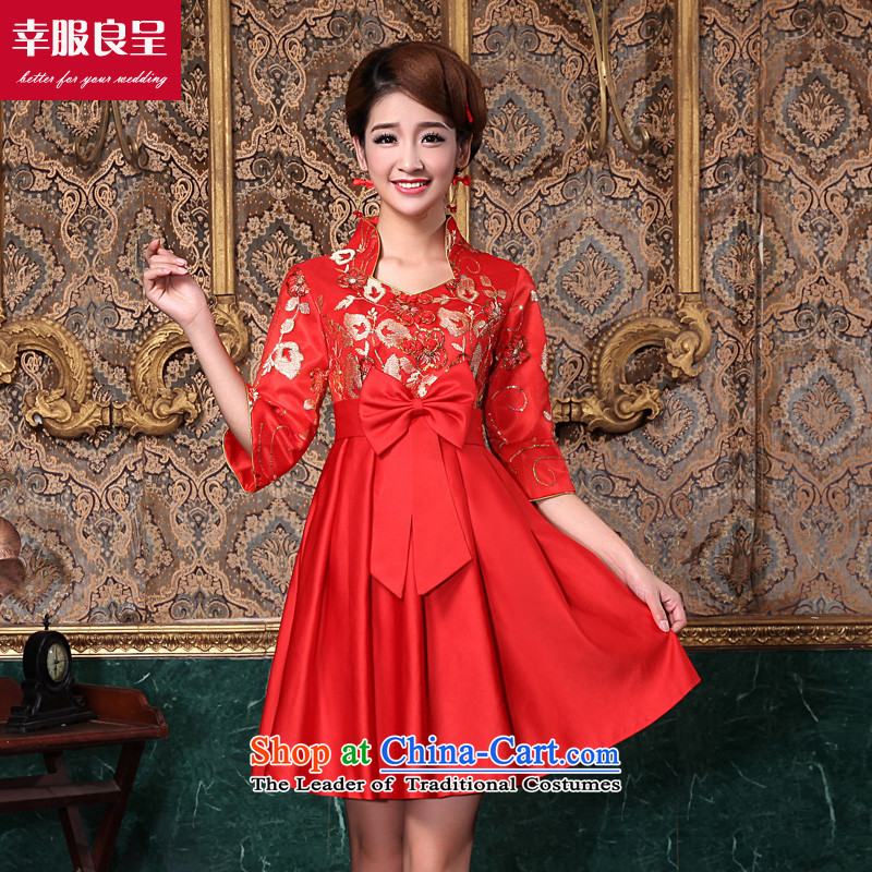 The privilege of serving-leung 2015 new bride with a drink in the Autumn Chinese red short of services for pregnant women in the wedding dress qipao cuff?M