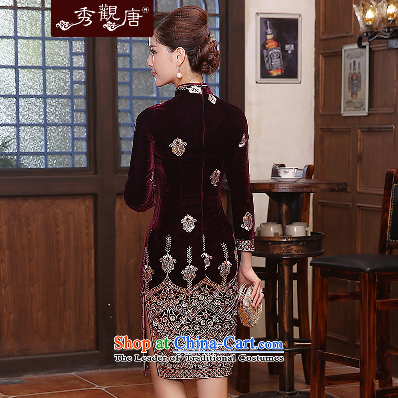 [Sau Kwun Tong] Golden silky noble scouring pads qipao spring 2015 in New long-sleeved gown skirt QC4818 Nouveau wine red , L, Sau Kwun Tong shopping on the Internet has been pressed.