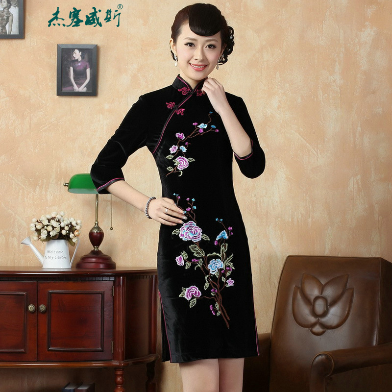 In the new kit, replacing the elegant hand disk fall arrest collar Stretch Wool embroidery qipao Kim Tang dynasty dresses TD0010 black M Cheng Kejie in Wisconsin, , , , shopping on the Internet