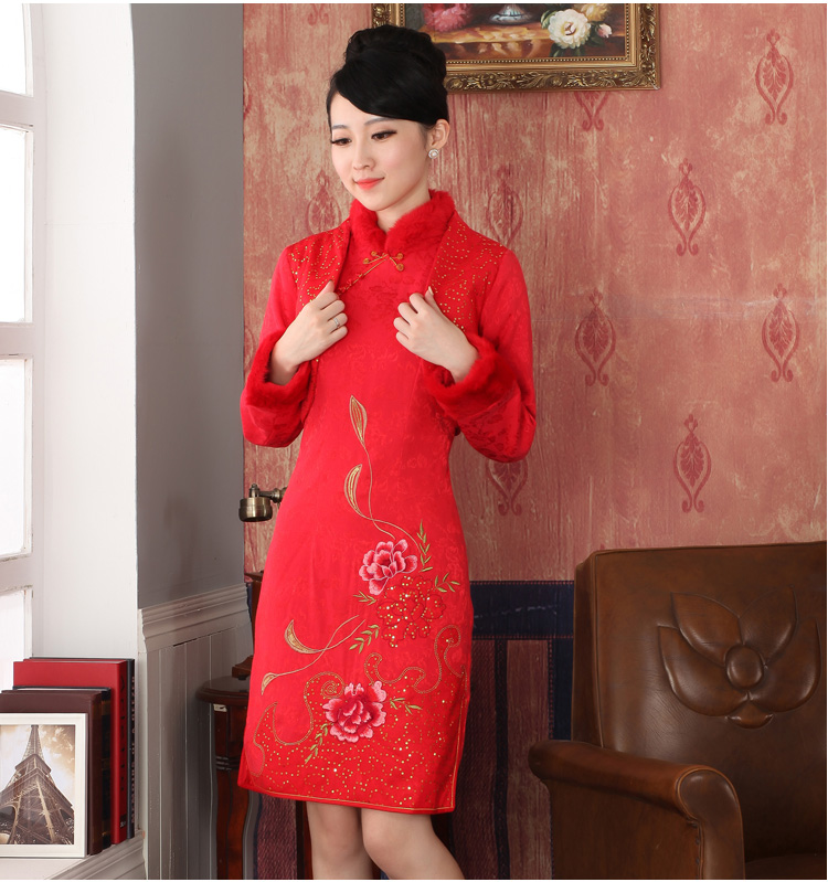 2015 Fall/Winter Collections new cashmere cotton bride red Chinese cheongsam dress toasting champagne marriage service pack 334705 