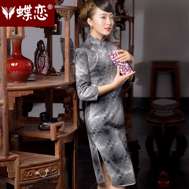 Butterfly Lovers 2015 Autumn new stylish 7 to the improvement of the Cuff cheongsam dress retro long Tang Gown cheongsam dress 49054 gray mosaic M Butterfly Lovers , , , shopping on the Internet