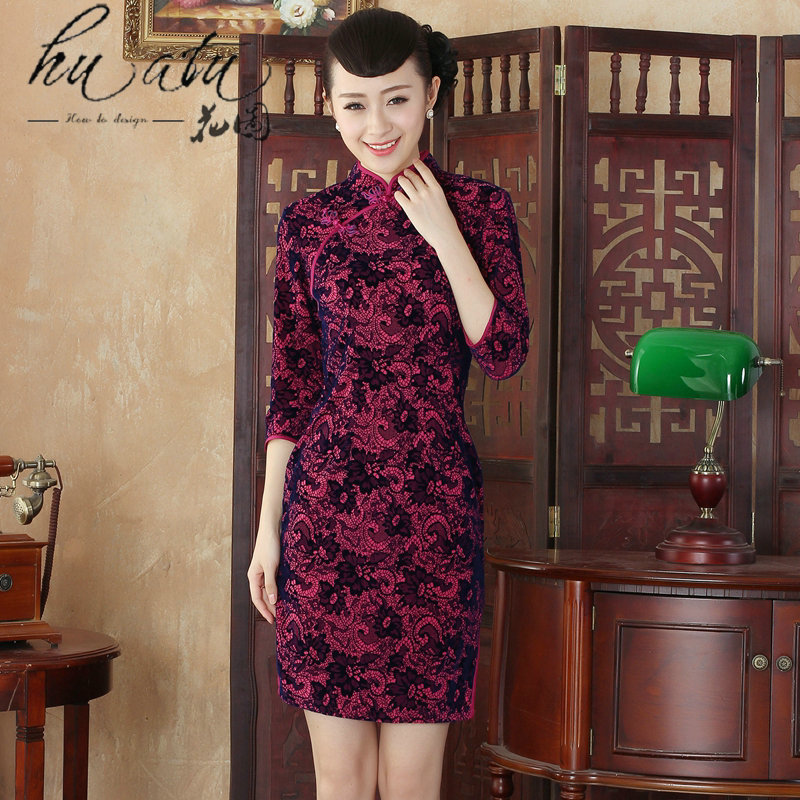Floral autumn and winter new daily Noble Lady collar velvet cheongsam retro improved long-sleeved cheongsam dress in stylish 02 2XL, floral shopping on the Internet has been pressed.