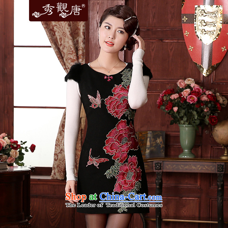 -Sau Kwun Tong- Lady 2015 winter garden gross qipao retro improvements? autumn and winter embroidered dress FW4925 black?M