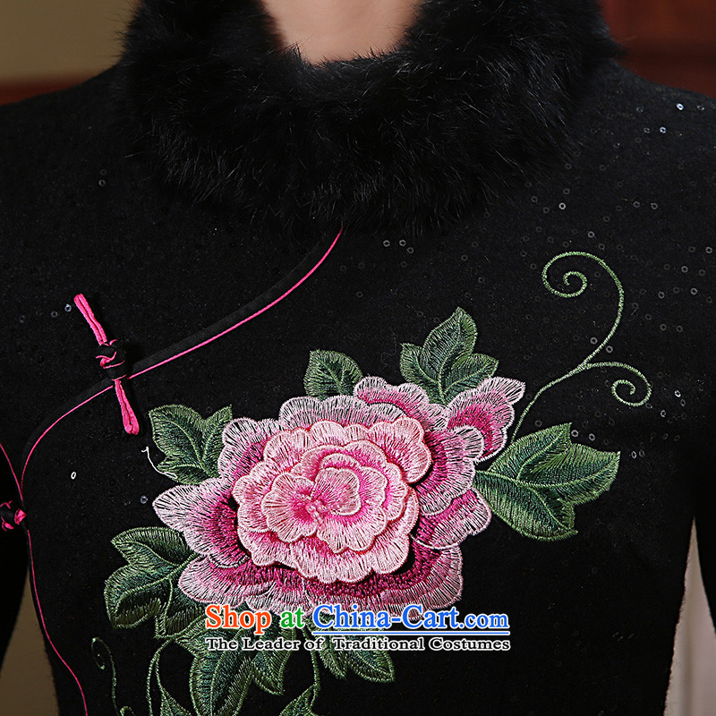 [Sau Kwun Tong] Peony embroidered winter clothing qipao retro improved new wool is 2014 Skirt QD4906 black , L, Sau Kwun Tong shopping on the Internet has been pressed.