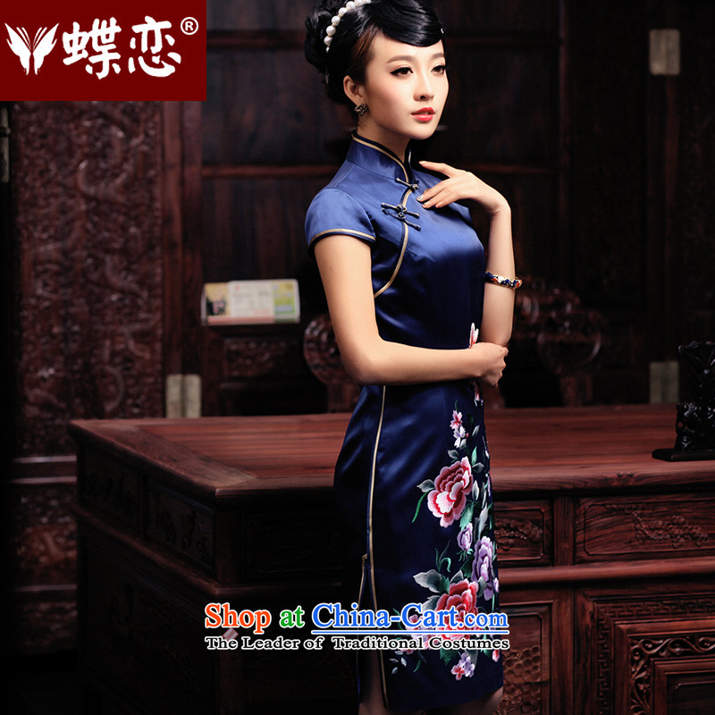 Butterfly Lovers 2015 Autumn new stylish and elegant qipao) Improved dresses and embroidered heavyweight Silk Cheongsam 49084 blue XL, Butterfly Lovers , , , shopping on the Internet