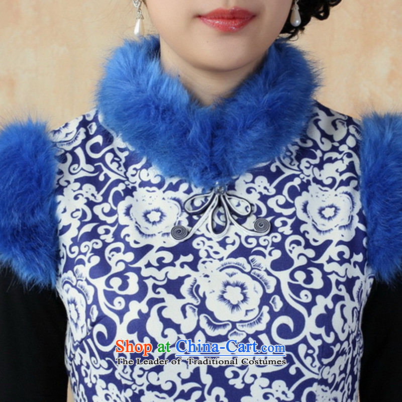 Spend the winter of Tang Dynasty figure female qipao winter improved collar Chinese qipao gross cotton is short qipao national costumes blue on white flowers , M, floral shopping on the Internet has been pressed.