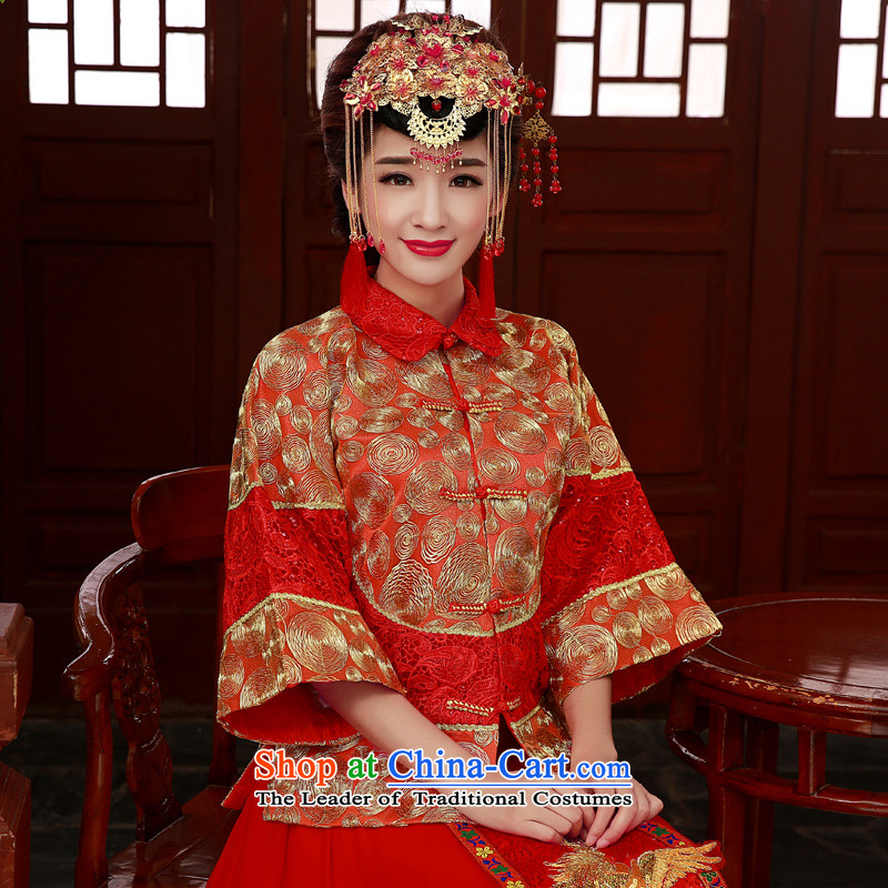 Chinese wedding dresses of autumn and winter clothing bride with Sau Wo wedding dress qipao bows to the dragon use skirt-soo services kimono red?S
