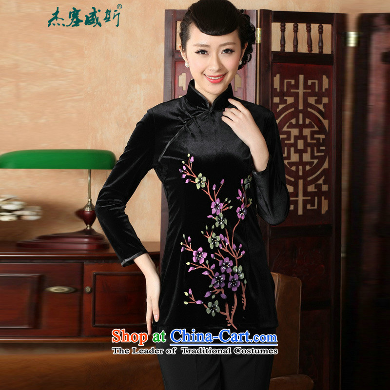 In the Fall of Jericho with Chinese clothing ethnic women improved hand-painted stamp 9 cuff scouring pads qipao Tang dynasty A0065 shirt Black XL, Cheng Kejie in Wisconsin, , , , shopping on the Internet