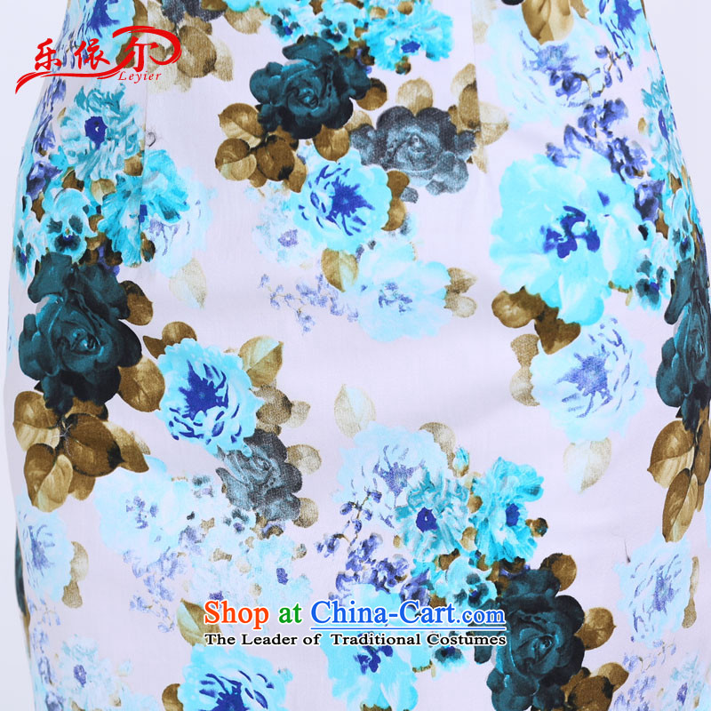 In accordance with the American's summer short-sleeved qipao Women Ms. Retro classic and elegant qipao stamp daily short of cheongsam dress  according to American LYE1402 blue XL, (leyier) , , , shopping on the Internet