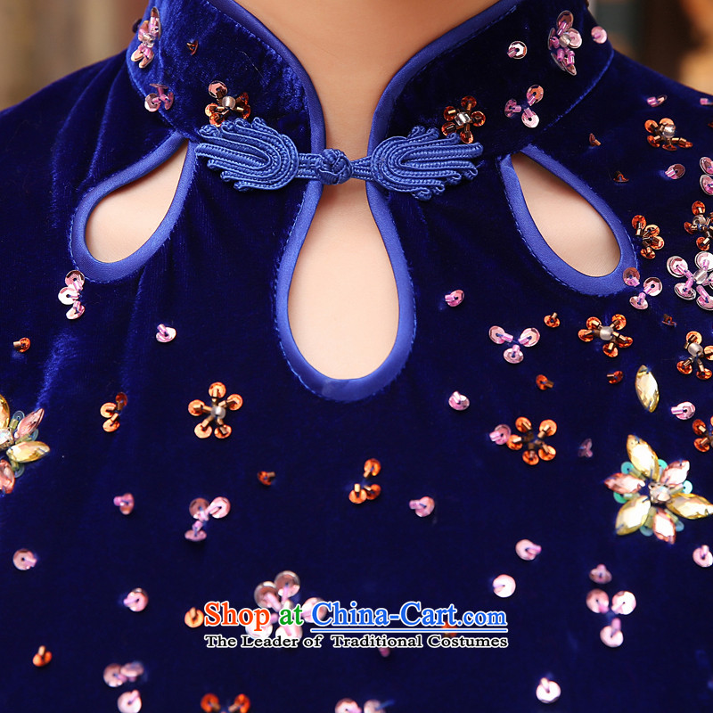Land 2015 autumn morning new Stylish retro in cuff luxury improved manually staple bead scouring pads cheongsam dress blue , L, morning land has been pressed shopping on the Internet