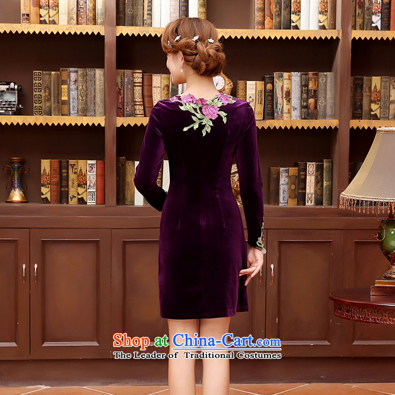 The 2014 autumn morning land new Stylish retro in improved cuff fine velvet qipao rust flower dresses purple purple XXL, morning land has been pressed shopping on the Internet