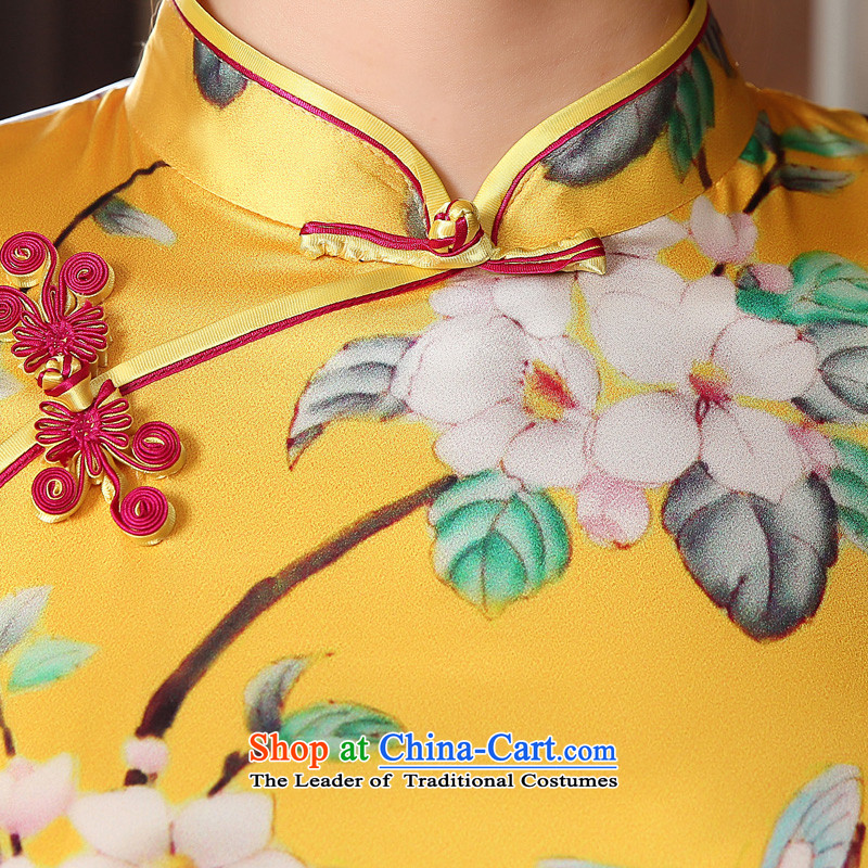 The 2014 autumn morning land new Stylish retro in cuff luxury improved manually staple bead scouring pads cheongsam dress yellow XXL, morning land has been pressed shopping on the Internet