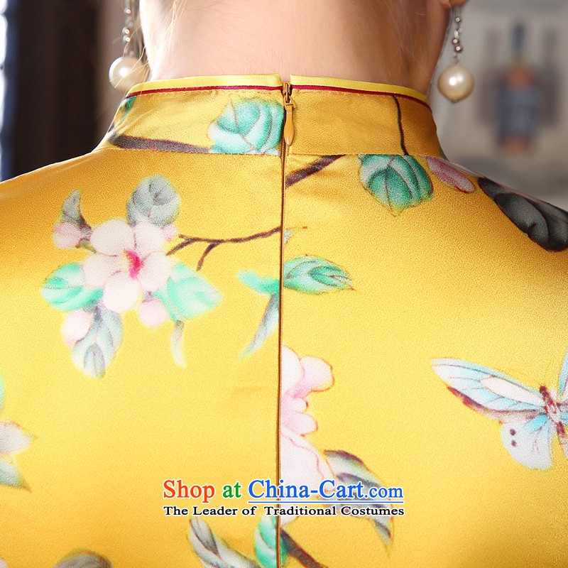 The 2014 autumn morning land new Stylish retro in cuff luxury improved manually staple bead scouring pads cheongsam dress yellow XXL, morning land has been pressed shopping on the Internet