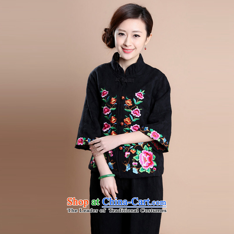 Charm and Asia 2015 Fall/Winter Collections on new upscale full cotton jacquard embroidery in Tang women older mother blouses pants two-piece set with the girl can sell black XXL, charm and Asia (charm bali shopping on the Internet has been pressed.)