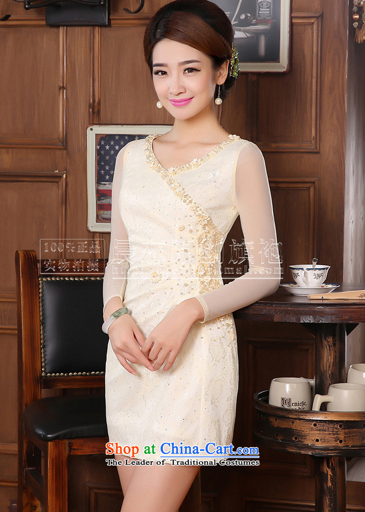 Morning new qipao land 2014 Autumn replacing retro long-sleeved improved stylish lace cheongsam dress two-color bride with apricot XXL picture, prices, brand platters! The elections are supplied in the national character of distribution, so action, buy now enjoy more preferential! As soon as possible.