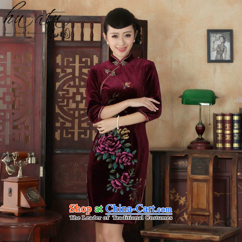 It fall inside the new Tang Women's clothes cheongsam collar hand-painted flowers Noble Lady really velvet cheongsam 7 Cuff Red?L