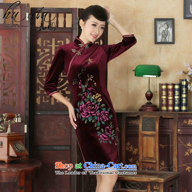 It fall inside the new Tang Women's clothes cheongsam collar hand-painted flowers Noble Lady really velvet cheongsam 7 red , L, it cuff has been pressed shopping on the Internet