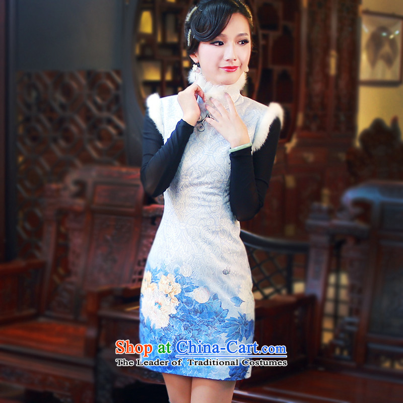 After the 2014 winter wind new cheongsam style stamp folder gross cotton improved cheongsam dress48124812 Blue XXL, ruyi wind shopping on the Internet has been pressed.