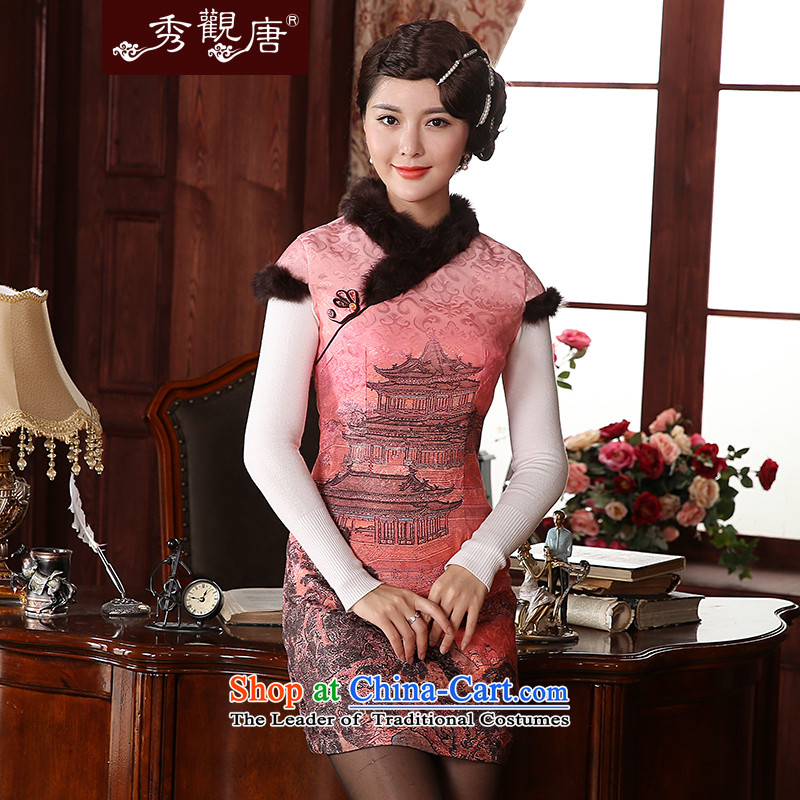 -Sau Kwun Tong- dream of the Red House retro style qipao gross for 2015 winter clothing clip cotton new women cheongsam dress peach?XL