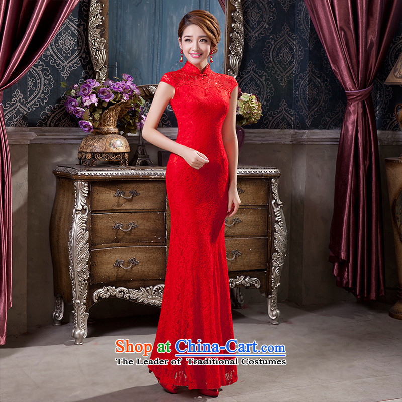 Red long cheongsam wedding dresses bows Service Bridal Sau San female lace crowsfoot retro wedding dress?L