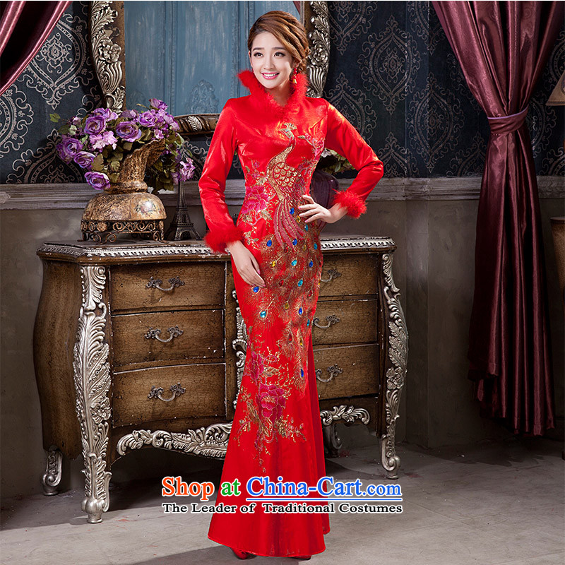 2015 new bows services bride red autumn and winter wedding dress cotton long-sleeved improved qipao folder to load the bride door?XL