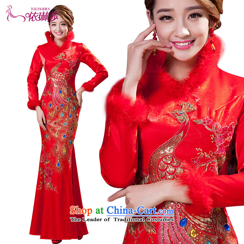 2015 new bows services bride red autumn and winter wedding dress cotton long-sleeved improved qipao folder to load the bride in door XL, Elizabeth KWAN , , , shopping on the Internet