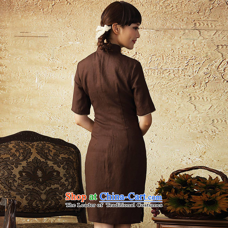 A Pinwheel Without Wind, linen flowers Yat cheongsam dress in spring and autumn 2015 improved stylish Sau San cotton linen cheongsam dress brown XL, Yat Lady , , , shopping on the Internet