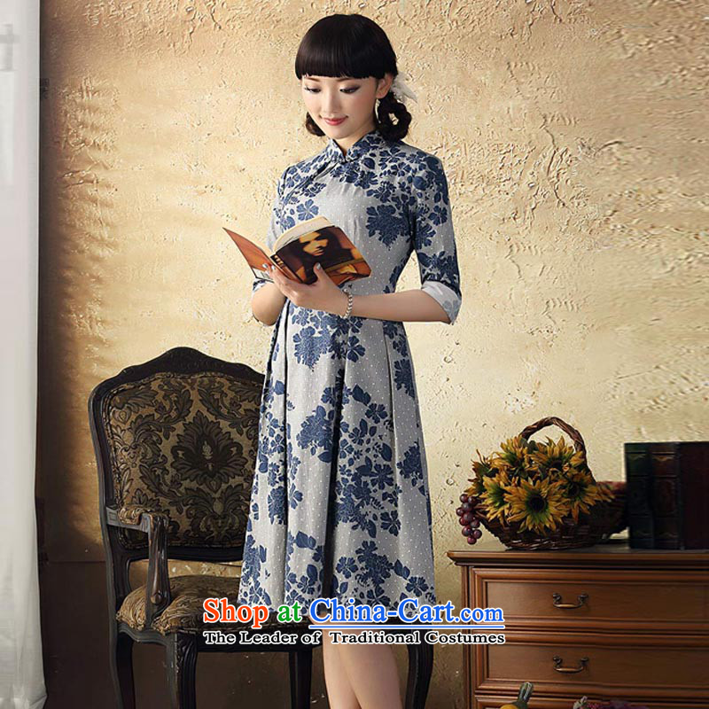 A Pinwheel Without Wind Tsing Yi rattan stamp cheongsam dress in spring and autumn 2015 New China wind in Sau San cuff skirt navy S, Yat Lady , , , shopping on the Internet