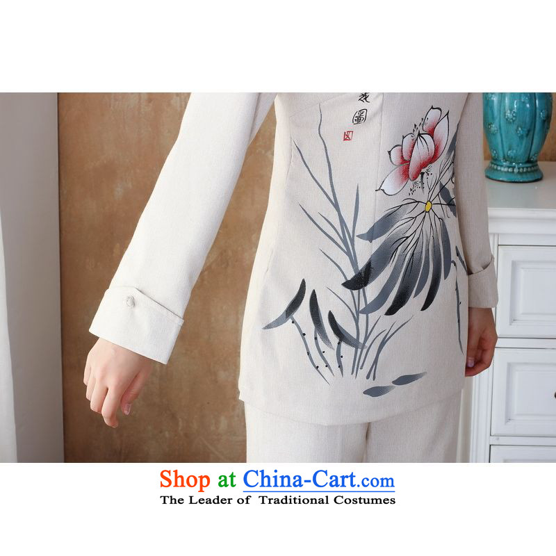 158 Jing Ms. older Tang dynasty cotton linen load spring and autumn kit collar hand-painted Tang blouses pants Kit - 3 silver gray 4XL, 158 jing shopping on the Internet has been pressed.