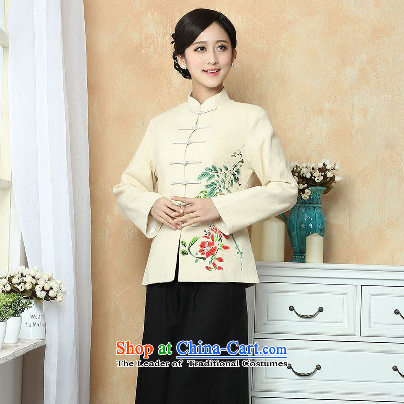 158 Jing female Tang dynasty autumn and winter coats blouses cotton linen collar Tang blouses national costume show Services?- 1 beige?2XL