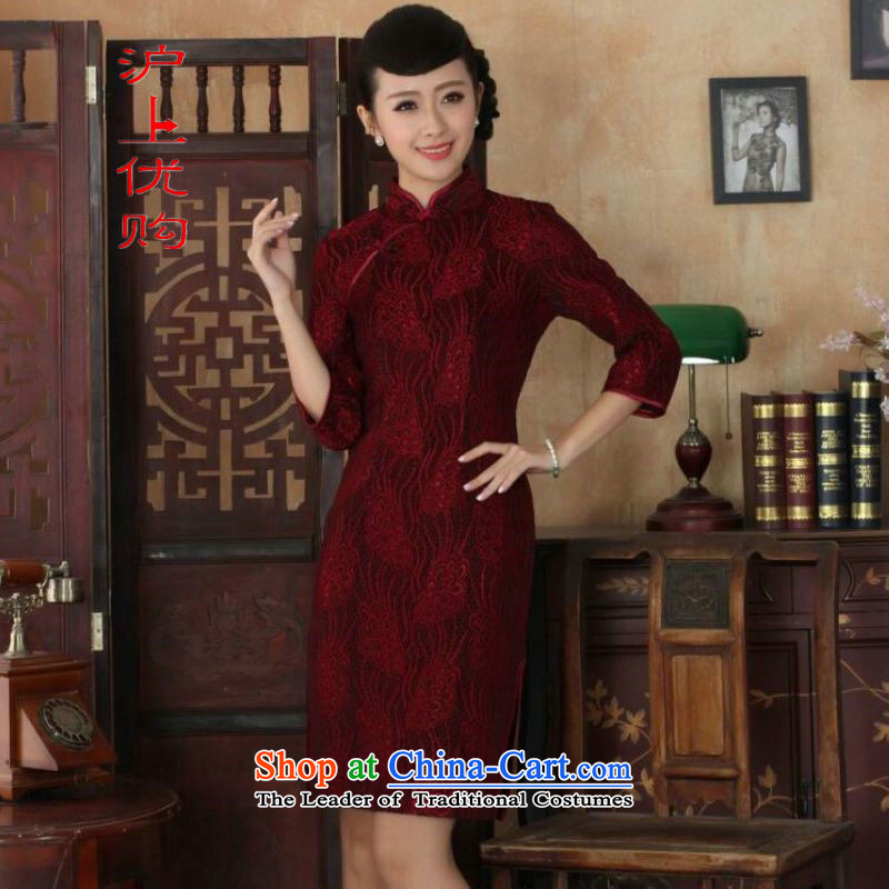 Shanghai, optimize IPO Chinese improved cheongsam dress long skirt Superior elasticity lace cheongsam dress Kim scouring pads Sau San 7 Cuff TD0022 map color L, Shanghai, optimization options , , , shopping on the Internet