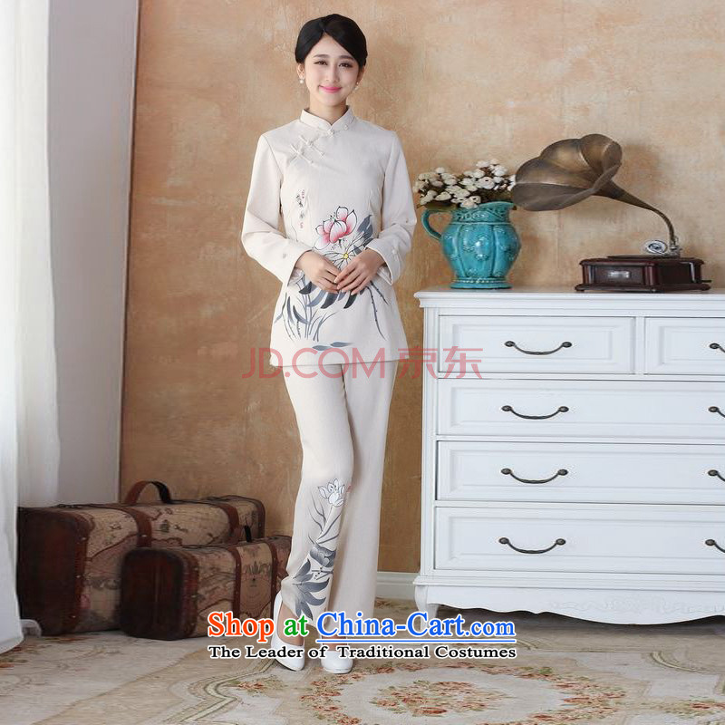 Picking frequency in Tang Dynasty, Ms. older cotton linen load spring and autumn kit collar hand-painted Tang blouses pants Kit?- 1 beige?M