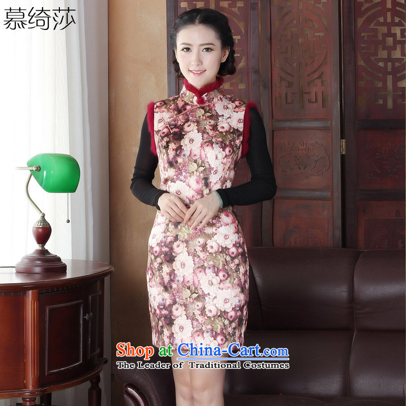 The cheer her flowers?fall 2015 thick cheongsam with gross for improved cheongsam dress women retro style qipao gown?Y3126 short of?picture color 1 L