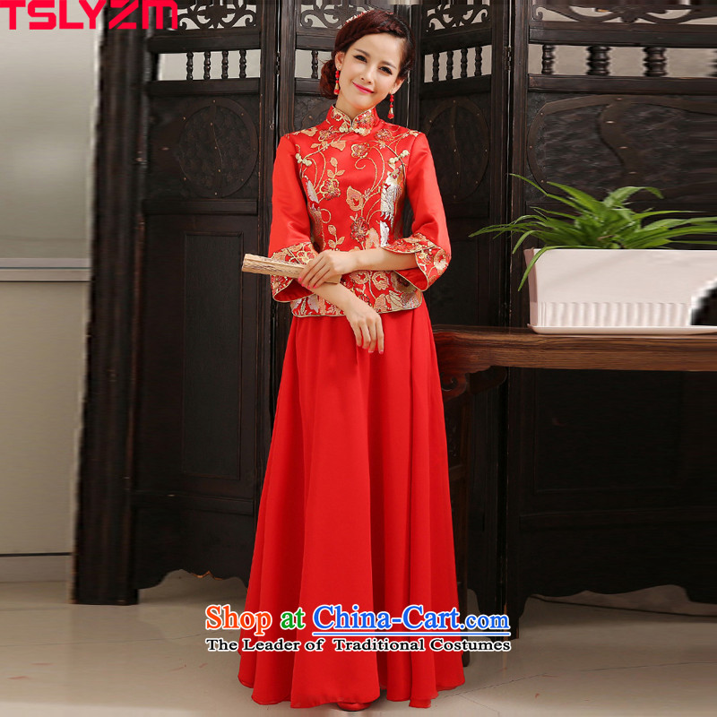 Toasting champagne wedding dress uniform tslyzm qipao improved long 2015 autumn and winter new bride long-sleeved Chinese wedding Soo-wo service Tang Dynasty to the dragon use red?L