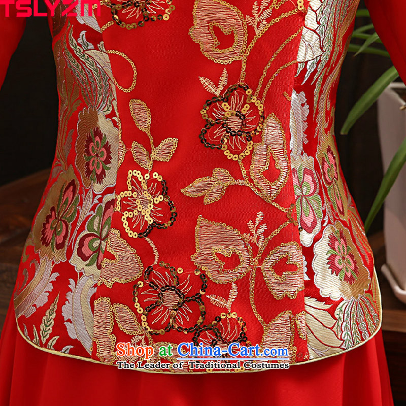 Toasting champagne wedding dress uniform tslyzm qipao improved long 2015 autumn and winter new bride long-sleeved Chinese wedding Soo-wo service Tang Dynasty to the dragon use red l,tslyzm,,, shopping on the Internet